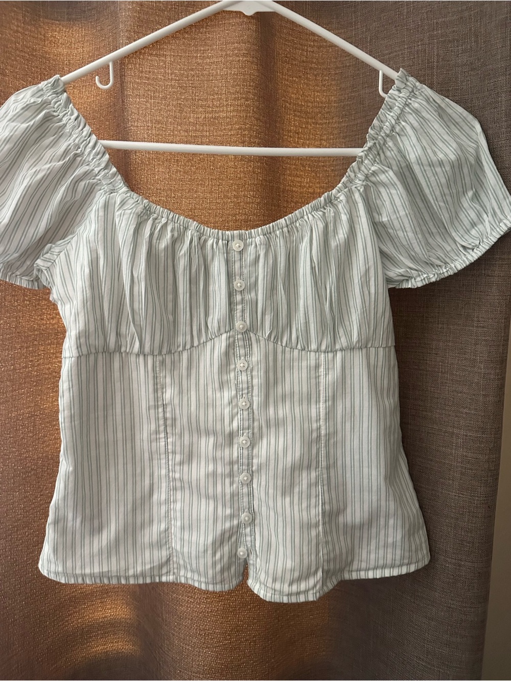 Striped Off-Shoulder Puff Sleeve Top - White/Light Green